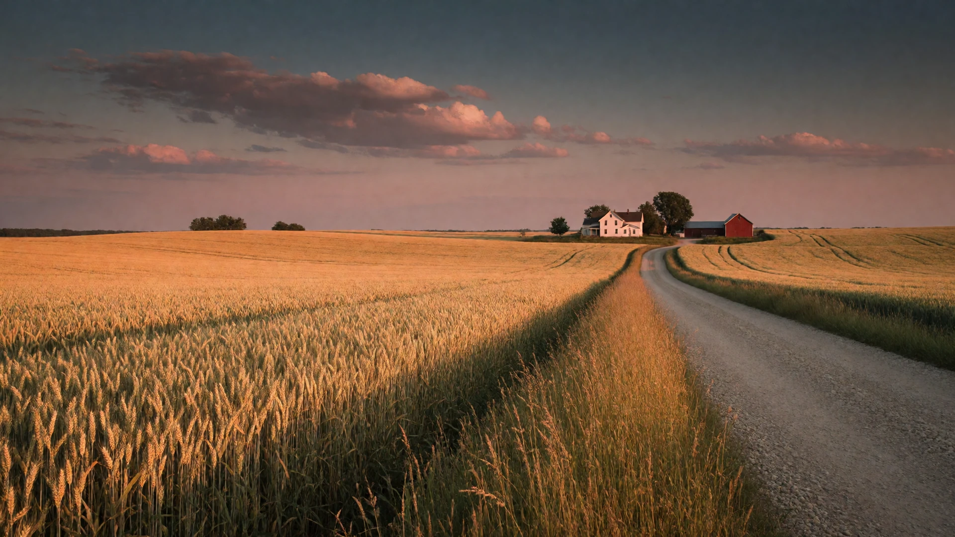 Golden wheat fields at sunset with a distant farmhouse and gravel road in rural America