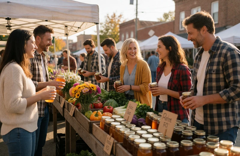 Diverse adults browsing fresh produce stalls at a small-town farmers market in warm sunlight