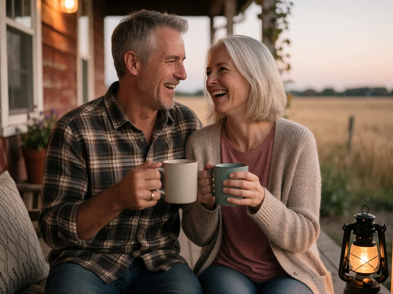 Couple in their fifties laughing together on a farmhouse porch at dusk