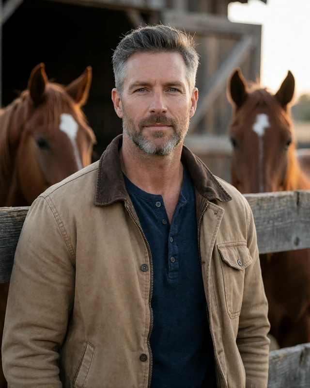 Man in his mid-forties with a short beard standing by a barn fence with horses on a Montana ranch