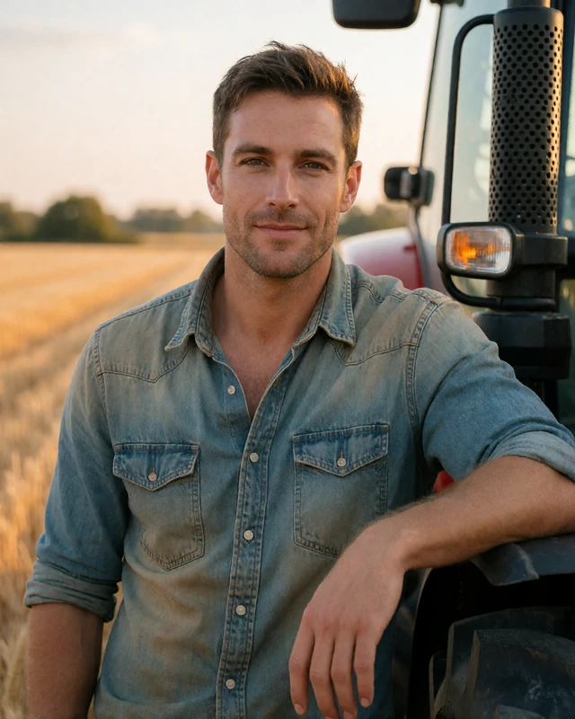 Man in his mid-thirties in a denim work shirt leaning on a tractor at sunset on an Illinois grain farm