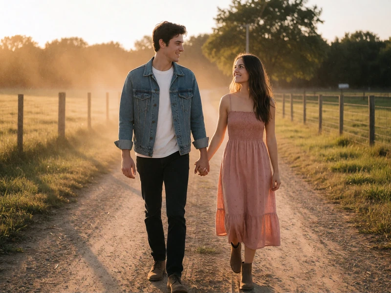 Couple in their thirties holding hands while walking down a dirt road at golden hour