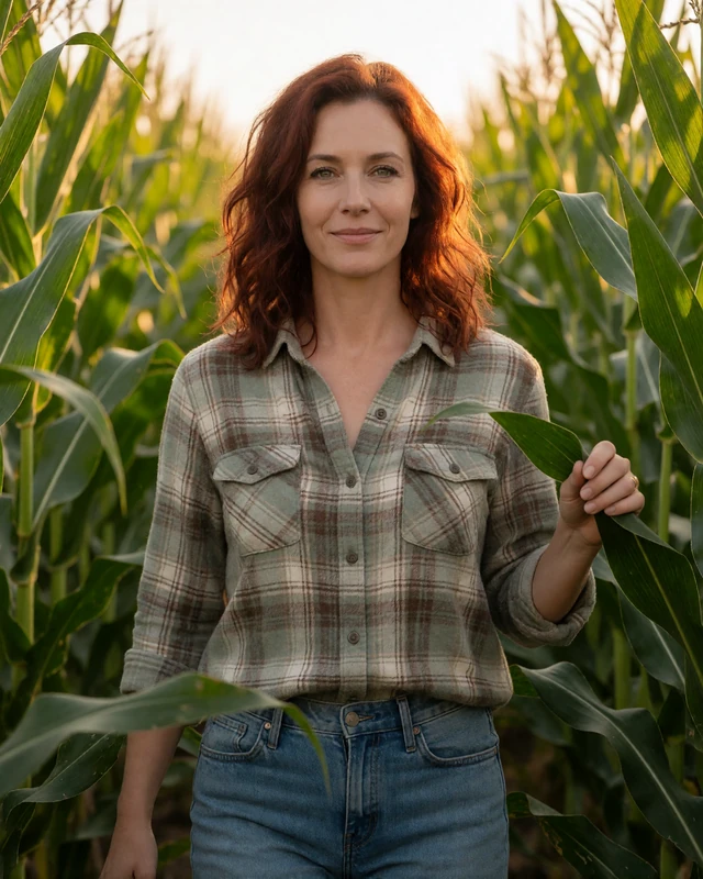 Woman around forty with auburn hair in a flannel shirt walking through an Iowa cornfield at golden hour