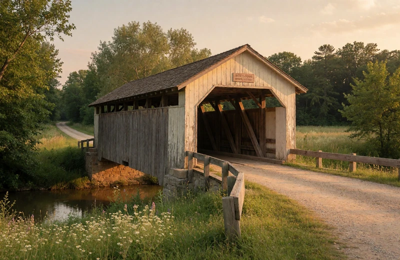 Wooden covered bridge over a creek in the American countryside at golden hour